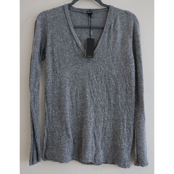 Monrow Women's Sz Large Gray Textured Tri-Blend Fitted L/S V-Neck Tee Shirt - Picture 3 of 7